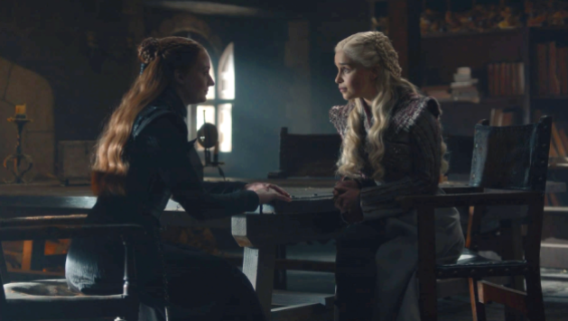 Sansa Stark reusing to kneel to Daenerys Targagryen (a la Val and Selyse), Game of Thrones season 8, HBO.